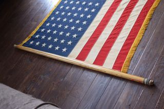 WWII Era 48 Star American Flag / Gold Knotted Fringe / Parade Banner Sewn & Pole 4
