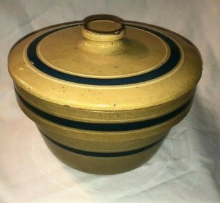 Antique Yellow Ware Yelloware Stoneware Blue & White Banded Covered Mixing Bowl