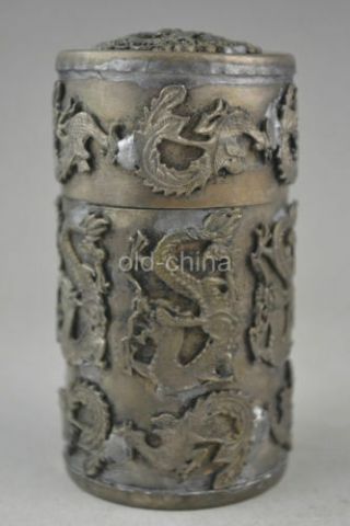 Chinese Old Copper Plating Silver Handwork Carve Dragon Phoenix Box A02