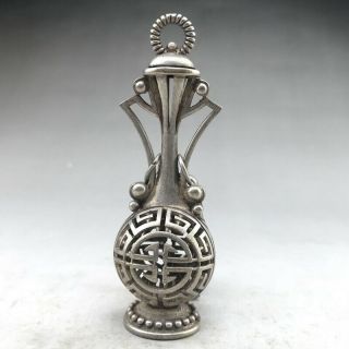 Ancient Chinese Tibetan Silver Snuff Bottle Hand - Made Hollow Carved Fixed Cover