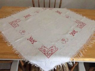 Antique Irish Etaine Linen Tablecloth or Topper w/ Red Work c1900 2