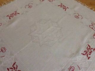 Antique Irish Etaine Linen Tablecloth or Topper w/ Red Work c1900 3