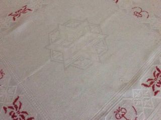 Antique Irish Etaine Linen Tablecloth or Topper w/ Red Work c1900 5