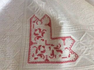 Antique Irish Etaine Linen Tablecloth or Topper w/ Red Work c1900 6
