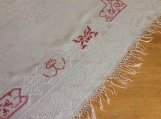 Antique Irish Etaine Linen Tablecloth or Topper w/ Red Work c1900 7