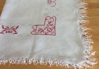Antique Irish Etaine Linen Tablecloth or Topper w/ Red Work c1900 8