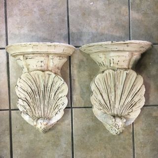 Pair Hand Carved White Washed Wooden Wall Sconce Corbel Scalloped Corinthian