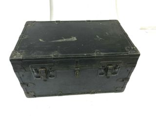 Vintage INDUSTRIAL BLACK TRUNK loft army chest foot locker storage box WWII era 2