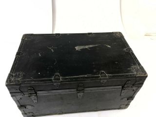 Vintage INDUSTRIAL BLACK TRUNK loft army chest foot locker storage box WWII era 6