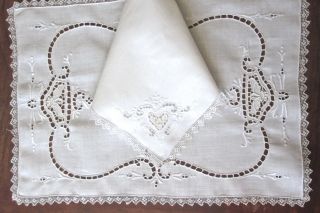 Fine Antique Linens Set: 8 Placemats,  8 Napkins W Italian Lace,  Cutwork,  Embr Vg