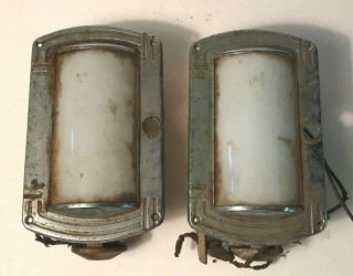 Antique Pair Chrome Frosted Curve Glass Art Deco Electric Wall Sconce Skyscraper