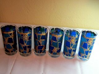 George Briard Lovely Mid Century Europa Blue Gold Glass Set Of 6