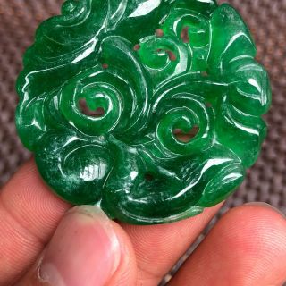 Rare Collectible Chinese Green Jadeite Jade Handwork Lotus & Birds Round Pendant 3