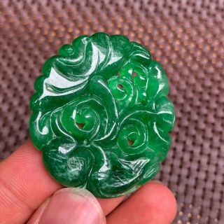 Rare Collectible Chinese Green Jadeite Jade Handwork Lotus & Birds Round Pendant 4
