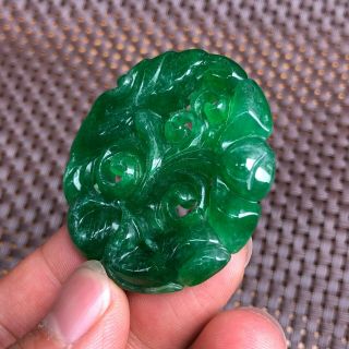 Rare Collectible Chinese Green Jadeite Jade Handwork Lotus & Birds Round Pendant 5