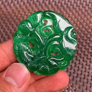 Rare Collectible Chinese Green Jadeite Jade Handwork Lotus & Birds Round Pendant 6