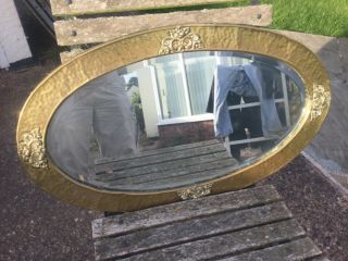 Art Nouveau Oval Beaten Copper & Brass Bevelled Mirror 705 Mm X 405 Mm