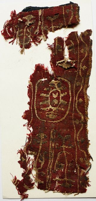 Ancient Coptic Textile Fragment - Plant Pattern,  Red Ground,  Egypt,  Christian Arts