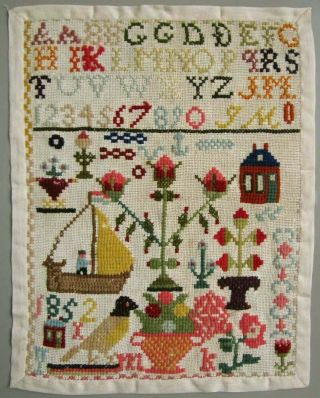 1852 Antique Dutch Colorful Woolwork Cross Stitch Sampler House Flowers Boat