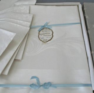 Vintage Pure Irish Linen Damask Tablecloth 106 " X70 ",  12 Napkins Orig Box