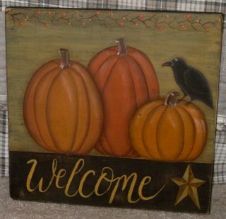 Primitive Hp Folk Art Prim Pumpkins Crow Welcome Board