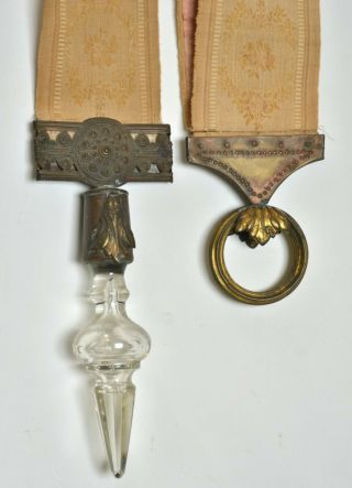Antique Embroidered Silk Textile Servant Butler Call Bell Pull Crystal Finial