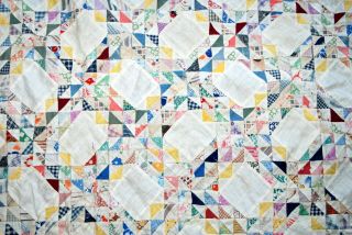Antique Quilt Top Hand Pieced Tiny Triangles Rectangle Patchwork Feed Sack 78x78