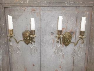 French A Gold Bronze Crystals Wall Candle Holders Antique