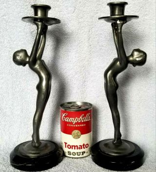 Pair Art Deco Nude Girl Pewter Candlesticks Marble Base Unknown Unmarked Old