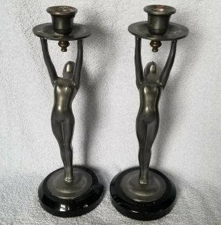 Pair Art Deco Nude Girl Pewter Candlesticks Marble Base Unknown Unmarked OLD 2