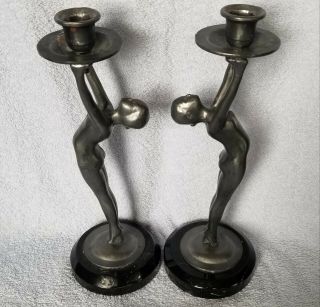 Pair Art Deco Nude Girl Pewter Candlesticks Marble Base Unknown Unmarked OLD 3