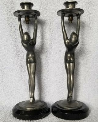 Pair Art Deco Nude Girl Pewter Candlesticks Marble Base Unknown Unmarked OLD 4