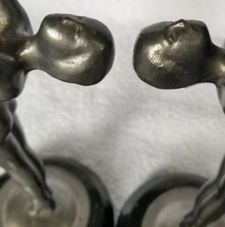 Pair Art Deco Nude Girl Pewter Candlesticks Marble Base Unknown Unmarked OLD 5