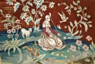 The Shepherdess Vintage French Cluny Floral Sheep Finished Completed Needlepoint