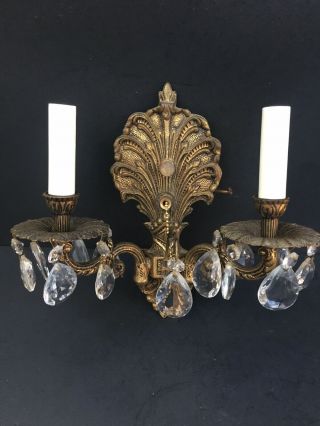 Antique Vintage Brass Sea Shell Made In Spain Two Light Wall Sconce Crystals
