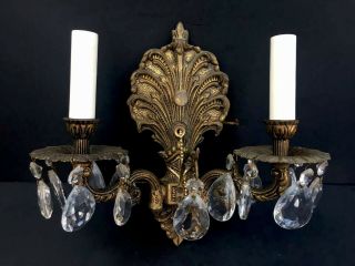 Antique Vintage Brass Sea Shell Made In Spain Two Light Wall Sconce Crystals 2