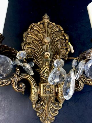 Antique Vintage Brass Sea Shell Made In Spain Two Light Wall Sconce Crystals 6