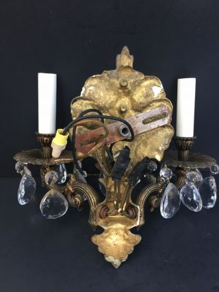 Antique Vintage Brass Sea Shell Made In Spain Two Light Wall Sconce Crystals 7