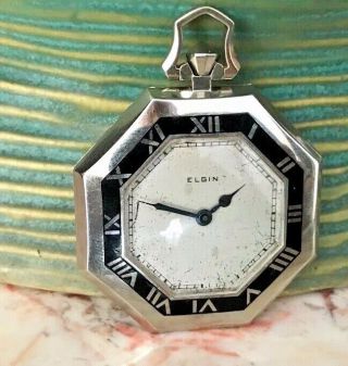 Vintage Elgin Enameled Roman Numerals Octagon Pocket Watch Serviced
