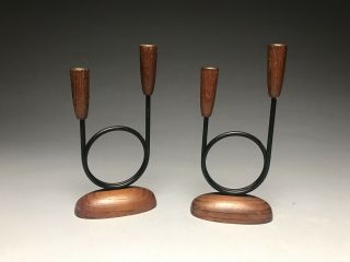 Pair Vintage Teak Wire Mcm Mid Century Double Candle Sticks