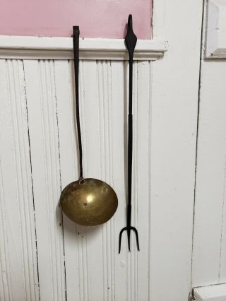 Set Antique Brass And Iron Ladle Fork Utensil Hand Wrought