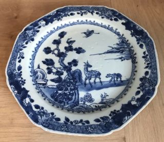 Antique Chinese 19th Century Octagonal Porcelain Plate Blue And White Landscape