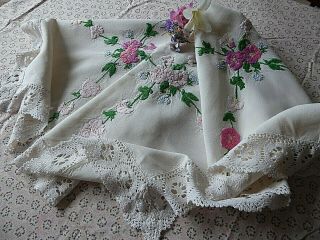 Vintage Hand Embroidered Tablecloth=beautiful Pink Raised Pink Flowers