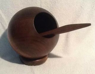 Mid Century Modern Vintage Wood Round Orb Sphere Nut Bowl W/spoon Apco Japan