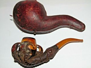Great Large Antique Heavily Carved Birds Claw Meerschaum Pipe Cased Bird Of Prey