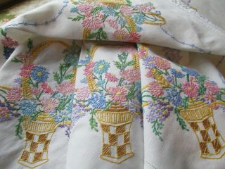 Vintage Hand Embroidered Linen Tablecloth - Floral Baskets - Lace Edging