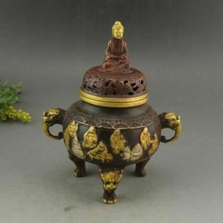 Chinese Folk Temple Copper Bronze Rohan Buddha Censer Incense Burner Statue