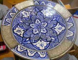 Antique Middle Eastern Persian 17 " Large Blue White Pottery Charger W/metal Acce