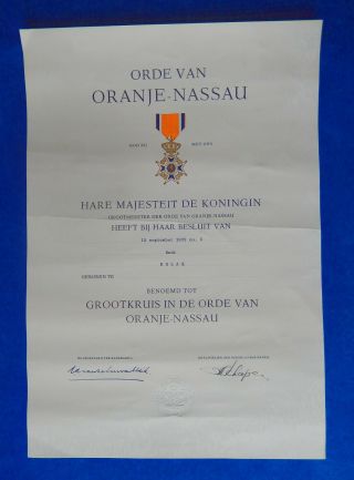 Netherlands.  Document For Order Of Oranje - Nassau 1st Class.  Medal