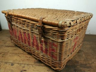 Vintage Wicker Swanage Laundry Basket Leather Straps Logs Storage